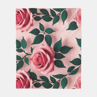 Couverture Polaire Roses rouges vives avec des feuilles vert foncé