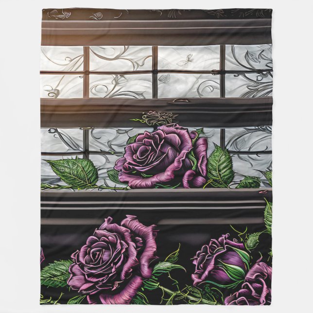 Couverture Polaire Roses violets près de la fenêtre - style gothique (Devant)