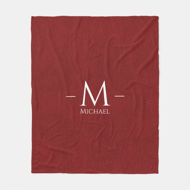 Couverture Polaire Rouge Brown Faux Cuir Monogramme Nom Personnalisé (Devant)