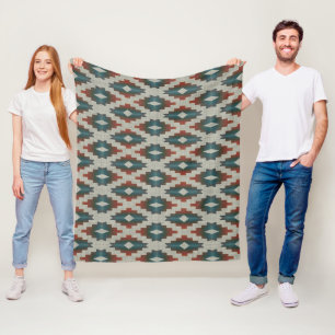 Couverture Polaire Rouge foncé Brown Turquoise bleu gris Motif d'art