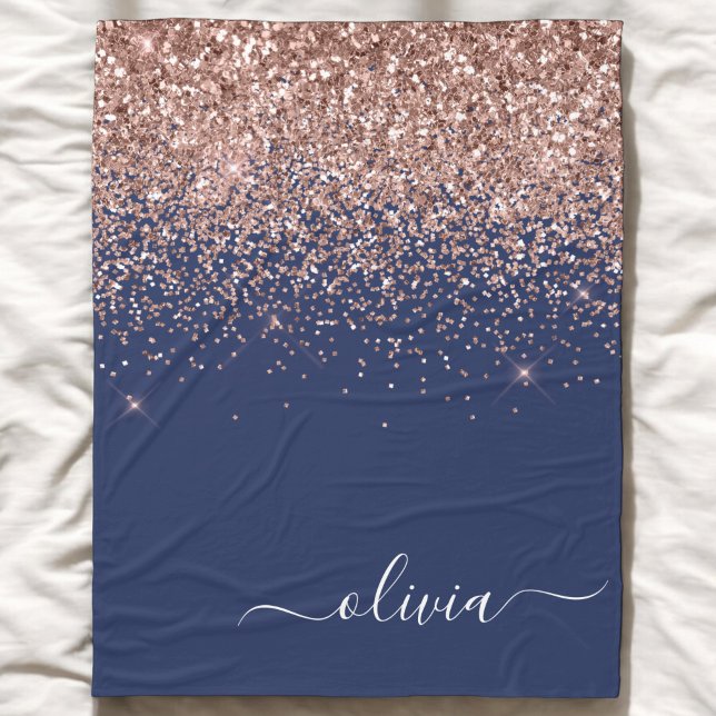 Couverture Polaire Rouge Navy Rose Gold Poudré Rose Pailleté Monogram (Créateur téléchargé)