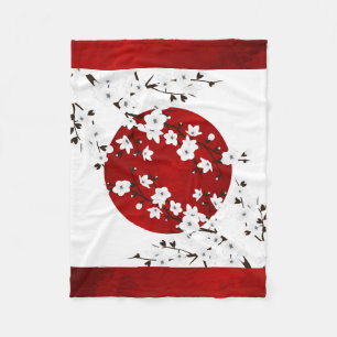 Couverture Polaire Rouge noir cerisier blanc fleurs soleil levant