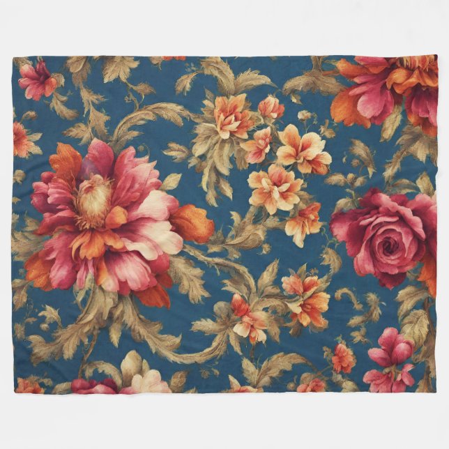 Couverture Polaire Rouge opulent italien, Fleurs blanches Feuille d'o (Devant (Horizontal))