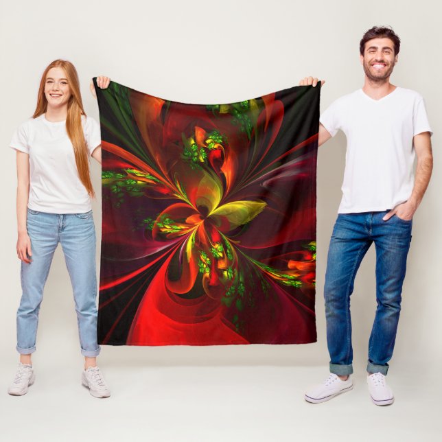 Couverture Polaire Rouge vert moderne Floral Abstrait Art Motif #05 (En situation)