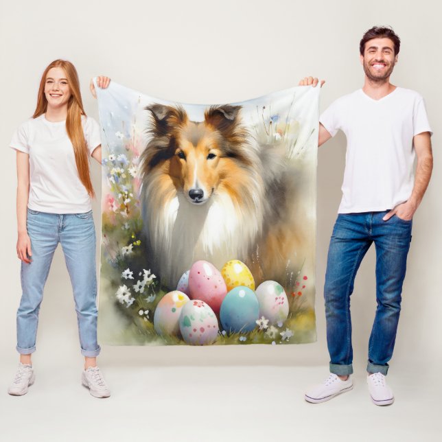 Couverture Polaire Rough Collie Chien avec Oeufs de Pâques Fête (En situation)