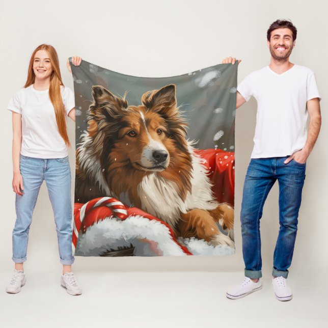 Couverture Polaire Rough Collie Chien Festif de Noël (En situation)