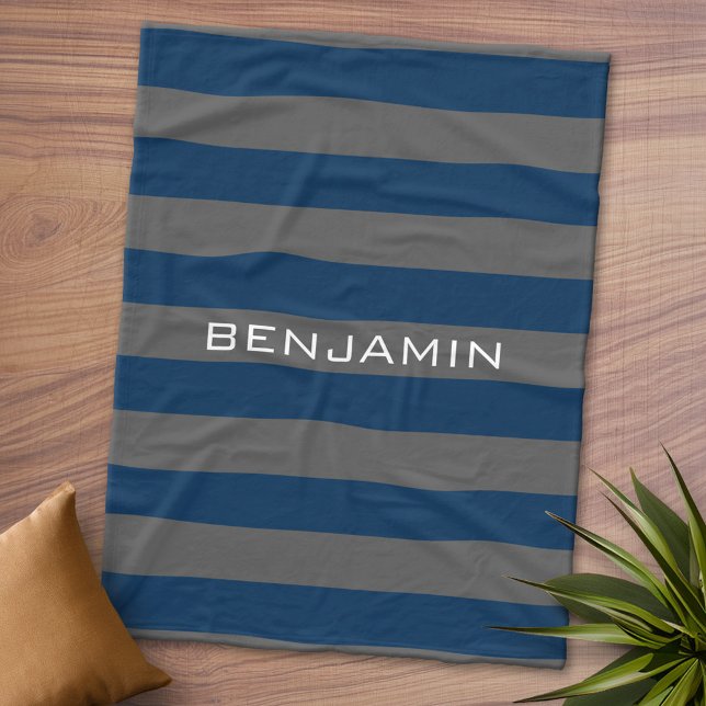 Couverture Polaire Rugby bleu marine et gris avec nom personnalisé (Personalized Fleece Blanket - Add Photos and Text)