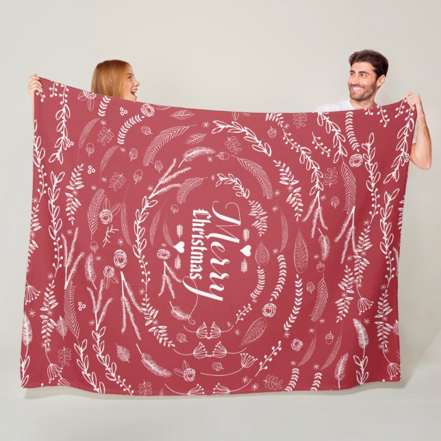 Couverture Polaire Russe Rouge Floral Garland Motif de Noël (En situation)