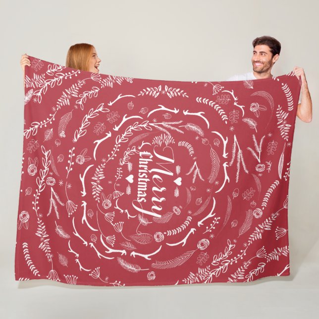 Couverture Polaire Russe Rouge Joyeux Noël Antler Motif feuille (En situation)