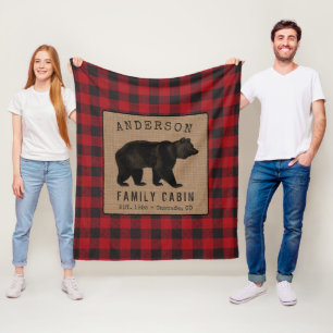 Couverture Polaire Rustic Bear Family Cabine Red Buffalo Plaid Burlap