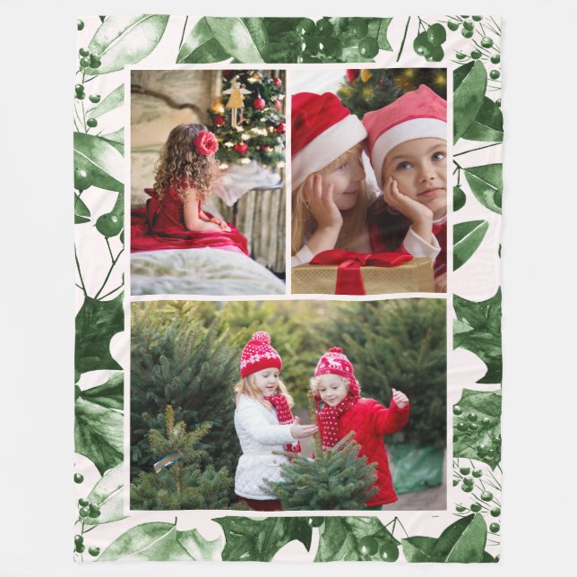 Couverture Polaire Rustic Green Holly Trois photo Collage Holiday (Devant)