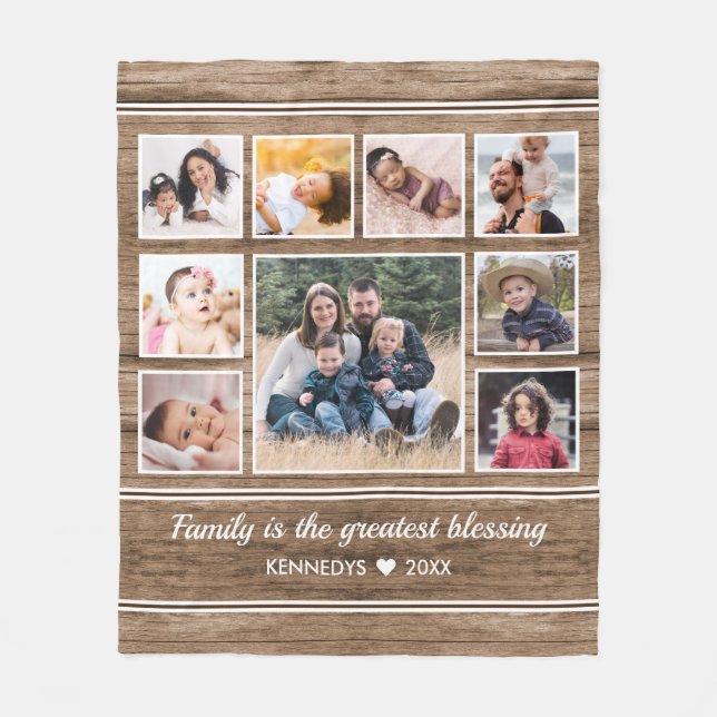 Couverture Polaire Rustic Wood 9 Photo Collage Citation Nom de famill (Devant)
