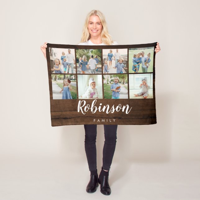 Couverture Polaire Rustic Wood Family Monogramme 8 Photo Collage (En situation)