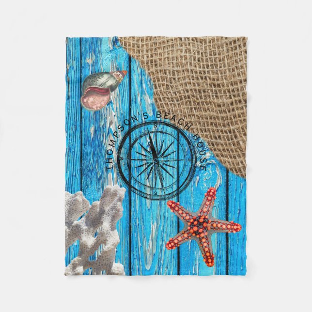 Couverture Polaire Rustique Nautique Bleu Burlap Starfish (Devant)