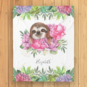 Couverture Polaire Rustique Tropical Cute Floral Adorable Sloth