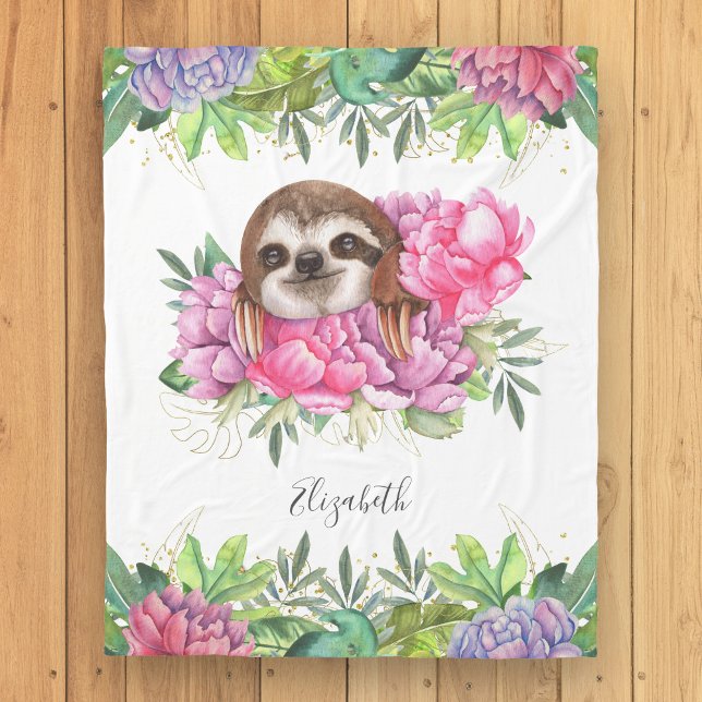 Couverture Polaire Rustique Tropical Cute Floral Adorable Sloth (Créateur téléchargé)