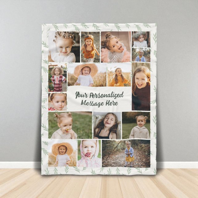 Couverture Polaire Sage Green Botanical 16 Photo Collage  (Créateur téléchargé)