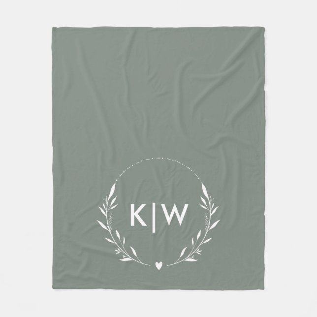 Couverture Polaire Sage vert et blanc | Monogramme des initiales mode (Devant)