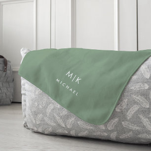 Couverture Polaire Sage vert et blanc Monogramme moderne