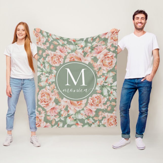 Couverture Polaire Sage Vert Floral Aquarelle Rose Motif Monogramme (En situation)