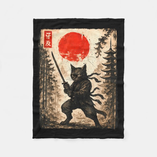Couverture Polaire Samurai Cat Japanese Mens Boys Kids Graphic Anime  (Devant)