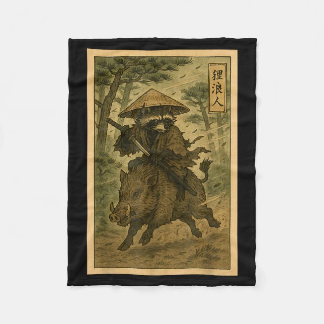Couverture Polaire Samurai Raccoon Ronin Riding Boar Japanese Forest  (Devant)