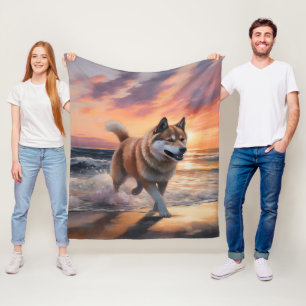 Couverture Polaire Sandy Paws Akita Chien sur le coucher du soleil de