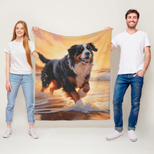 Couverture Polaire Sandy Paws Bernese Mountain Dog on Beach Sunset