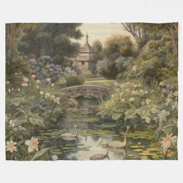 Couverture Polaire Scène botanique de cygnes dans un jardin anglais (Devant (Horizontal))