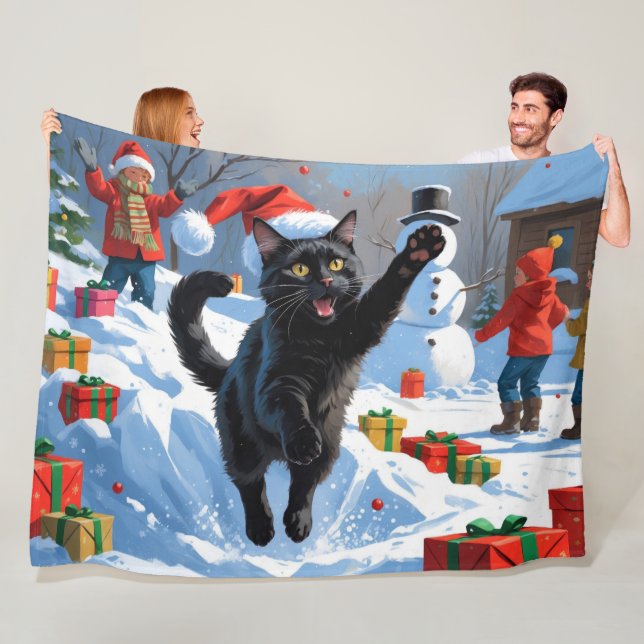 Couverture Polaire Scène de fête de Noël de chat noir (En situation)