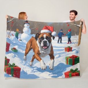 Couverture Polaire Scène de Noël festive avec un boxeur dans la neige