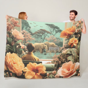 Couverture Polaire Scène de safari surréaliste avec éléphants zèbres