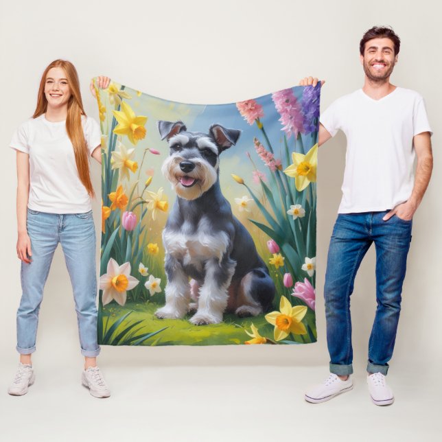 Couverture Polaire Schnauzer Dog Fleurs de printemps Peinture (En situation)