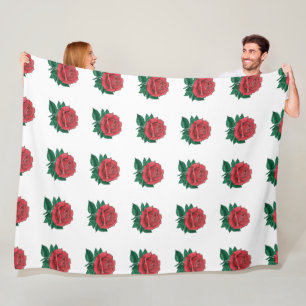 Couverture Polaire Sherpa Blanches fleurs rouges