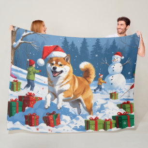 Couverture Polaire Shiba Inu courant dans la neige avec un chapeau de