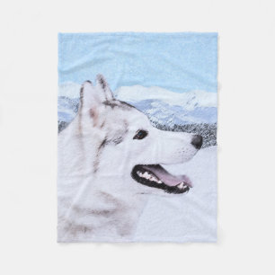 Couverture Polaire Sibérie Husky (argent et blanc) Peinture Chien Art