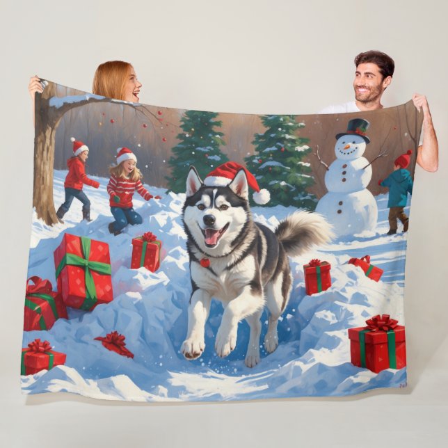 Couverture Polaire Sibérie Husky Courir en neige avec Casquette de No (En situation)