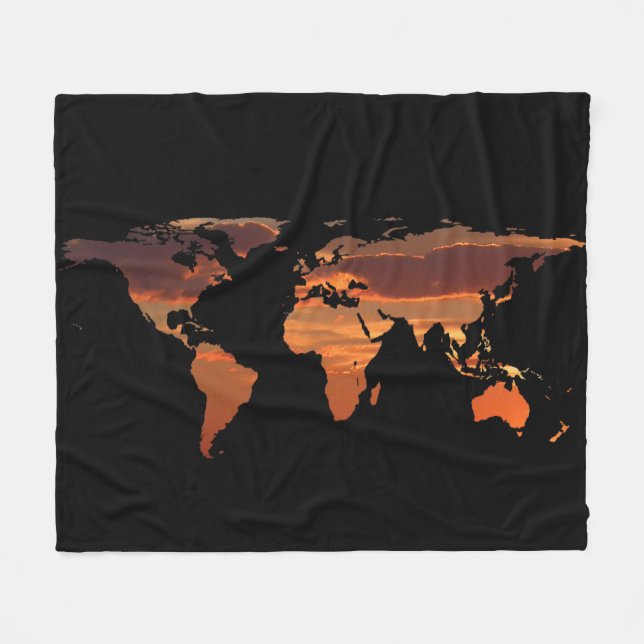 Couverture Polaire Silhouette de carte du monde - coucher du soleil (Devant (Horizontal))