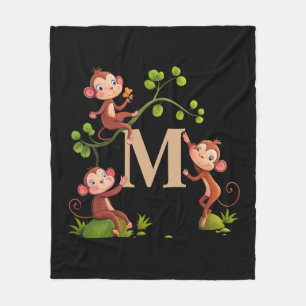 Couverture Polaire Singes mignons chic, monogramme doré sur fond noir