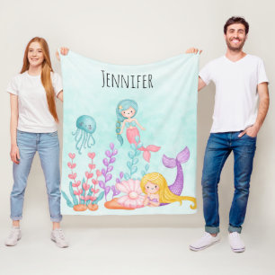 Couverture Polaire Sirène et méduse sous l'aquarelle marine
