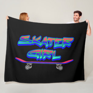 Couverture Polaire Skater Girl Blue Pink Graffiti Glow Skateboard