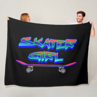 Couverture Polaire Skater Girl Blue Pink Graffiti Glow Skateboard