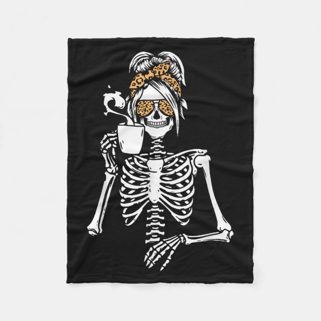 Couverture Polaire Skeleton Messy Bun Coffee Drinking Halloween Costu (Devant)