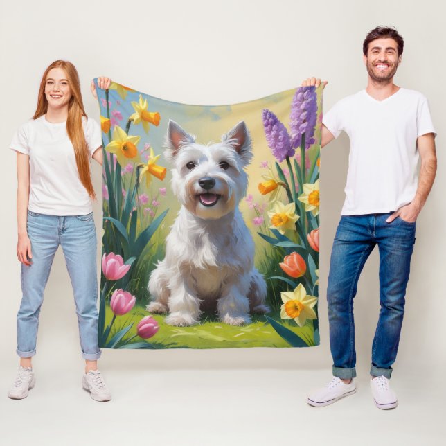 Couverture Polaire Skye Terrier Chien Fleurs de printemps Peinture (En situation)