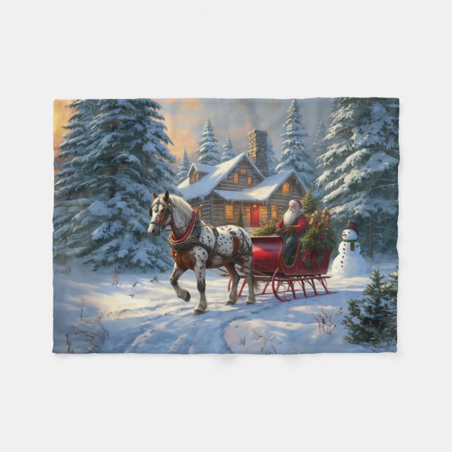 Couverture Polaire Sleigh Père Noël à cheval de Noël (Devant (Horizontal))