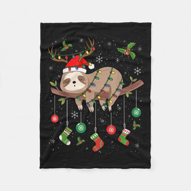Couverture Polaire Sloths Xmas Lighting Reindeer Santa Hat Sloth Chri (Devant)
