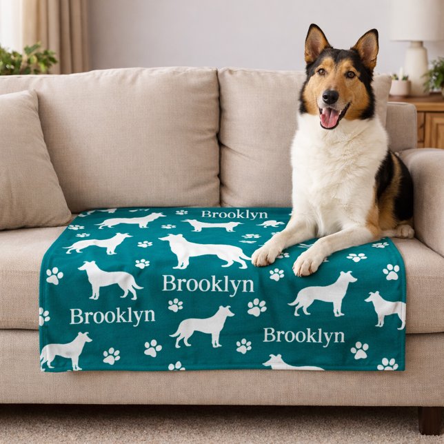 Couverture Polaire Smooth Collie Personalized Dog Blanket Deep Teal (Collie - smooth hair personalized blanket with collie name and favorite color. Deep Teal shown here.)