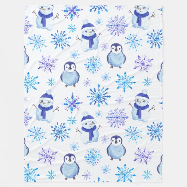 Couverture Polaire Snowflakes, Snowmen et Pingouins de Noël (Devant)