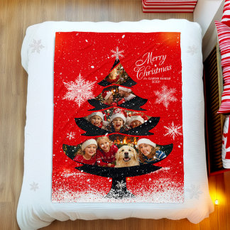 Couverture Polaire Snowy Merry Christmas Family Photo Tree