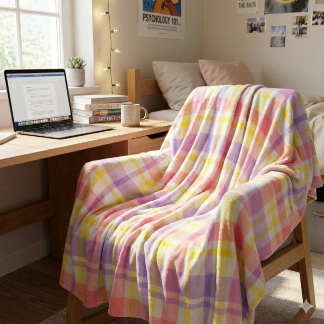 Couverture Polaire Soft and Cozy Pastel Plaid Pink Lavender Yellow (Soft fleece comfort meets pastel charm—your cozy dorm essential for study, sleep, and style.)
